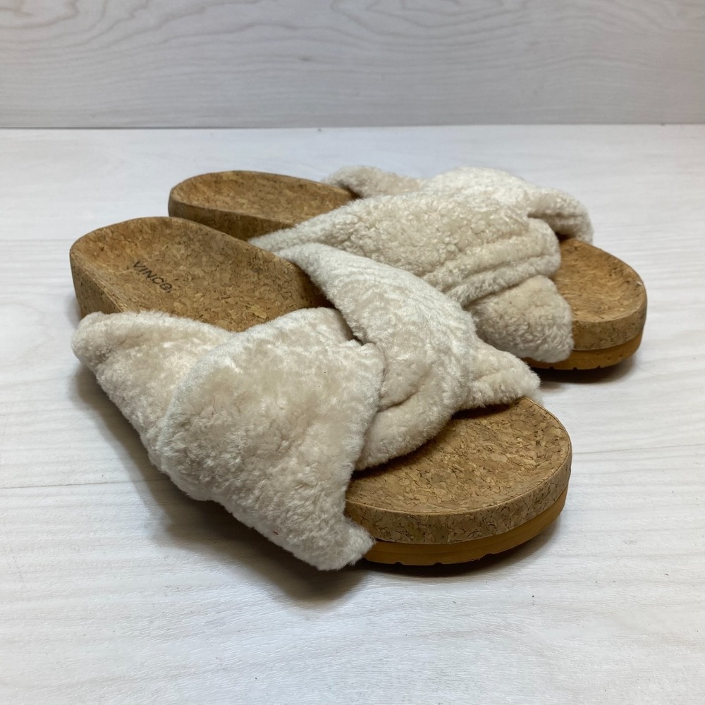 Vince Slide Sandals Womens Sz 10 White Criss-cross Faux Shearling Straps Slip On